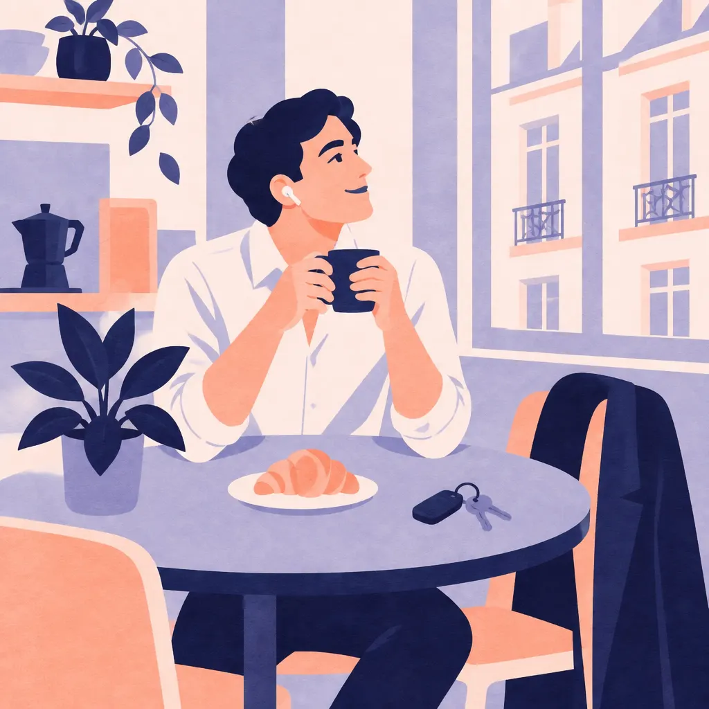 Un homme boit son café avant de partir, des écouteurs aux oreilles, le regard vers la fenêtre.