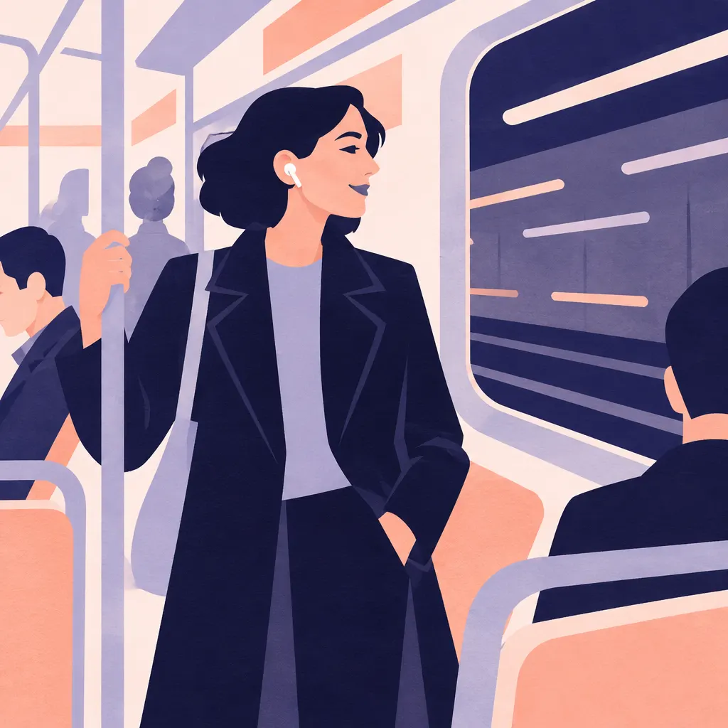 Une femme écoute debout dans le métro, une main sur la barre, l'autre dans la poche.