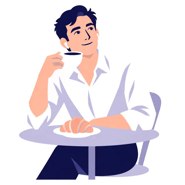 Un homme boit son café, des écouteurs aux oreilles, un croissant devant lui.