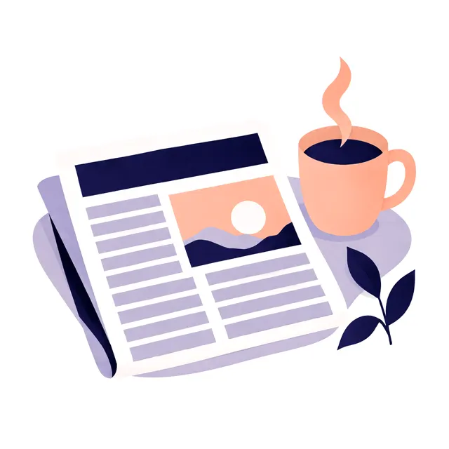 Une lettre d'information pliée et une tasse de café.