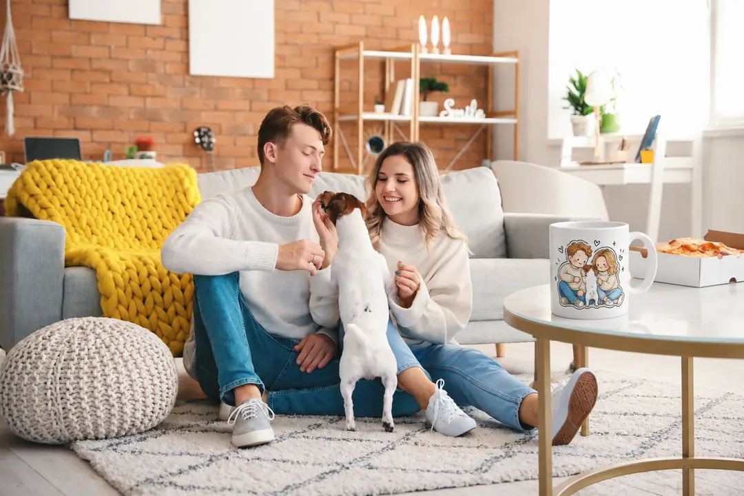 Un couple et leur jack russell assis sur le tapis, leur mug sur la table basse