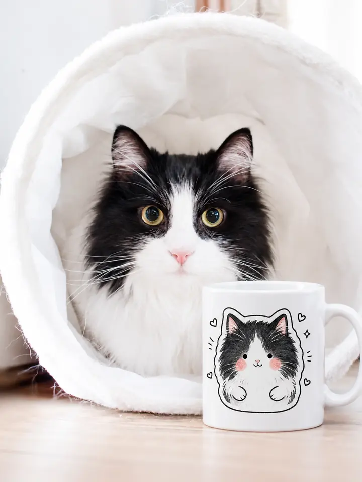 Un chat noir et blanc dans son tunnel en tissu, devant lui un mug à son portrait