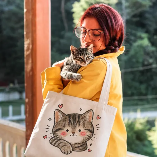 Une jeune femme serre son chaton contre elle, le chaton dessiné sur son tote bag