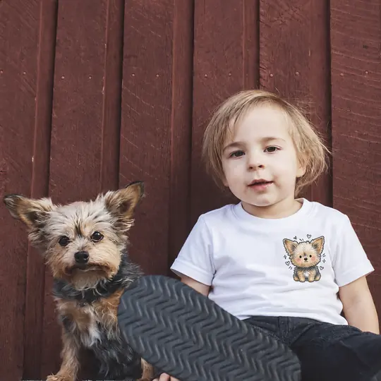Un petit garçon assis avec son yorkshire, le yorkshire dessiné sur son t-shirt