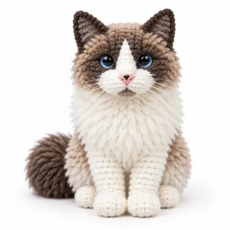 Un chat tigré en peluche crochetée, sur fond rose