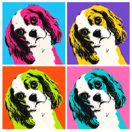 Un chien en pop art, quatre cases de couleurs vives